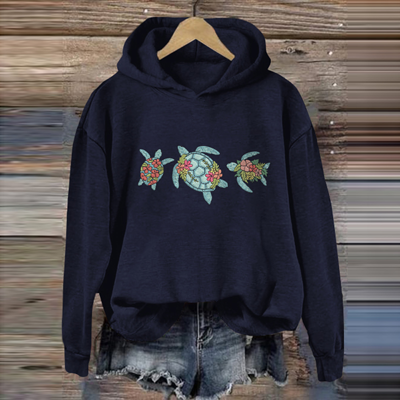Vintage Turtle And Floral Casual Hoodie
