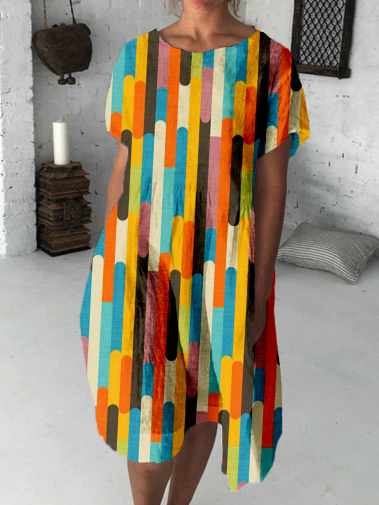 Retro Color Block Abstract Art Linen Blend Midi Dress