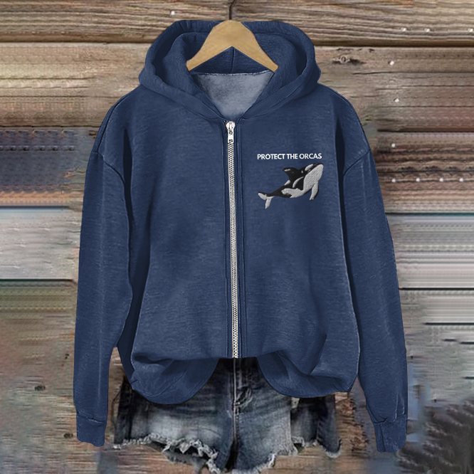 Protect The Orcas Pattern Zip Up Hoodie