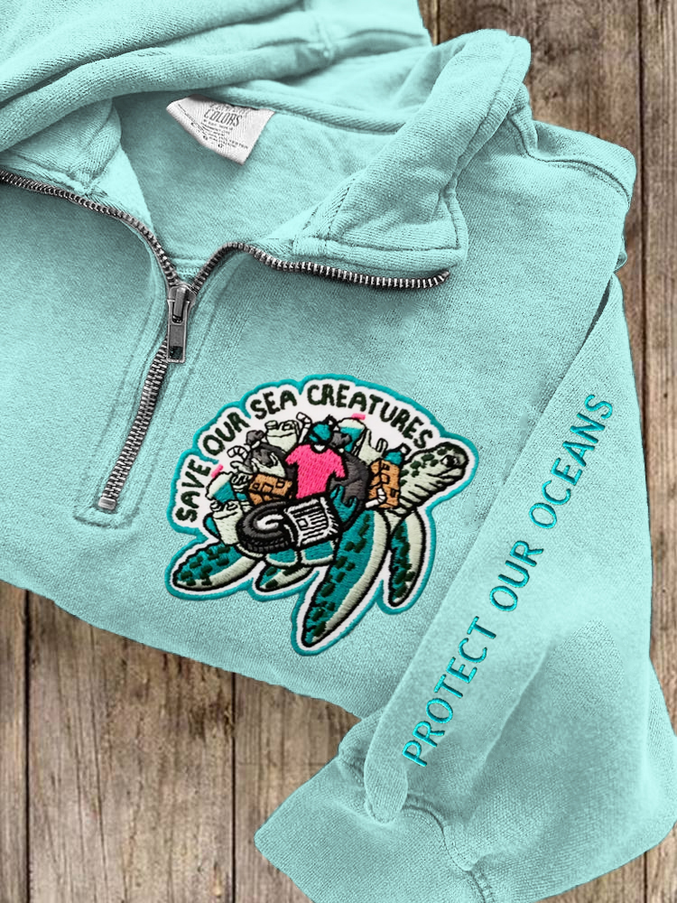 Save Our Sea Creatures Embroidery Half-zip Sweatshirt
