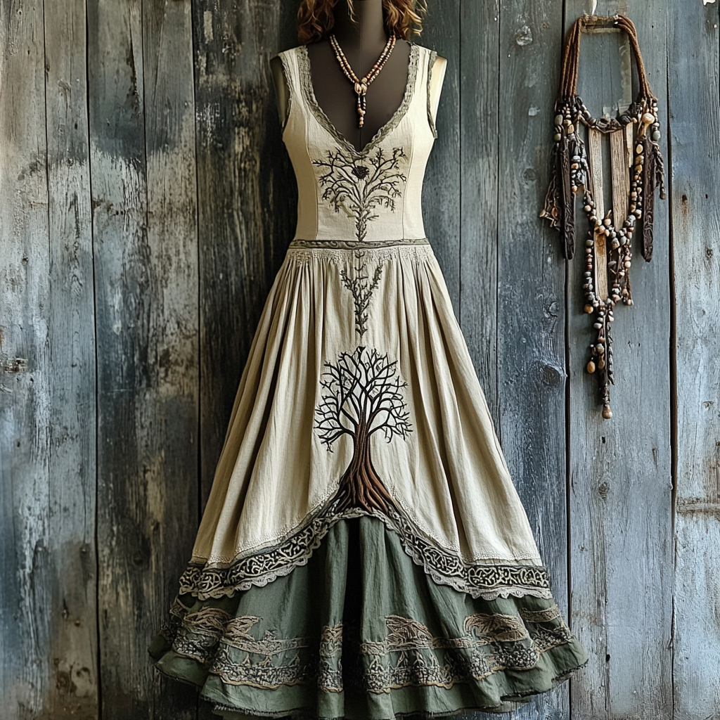 Women's Vintage Viking Tree Of Life Celtic Cotton And Linen V-neck Maxi Dress